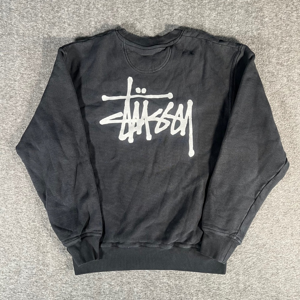 Stussy Heavyweight Crewneck Sweatshirt Black Stock Logo Fleece Medium A3000PIG23